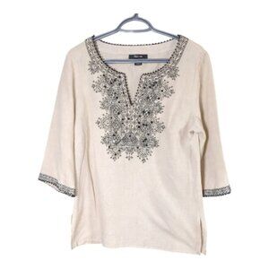 Style & Co Cream 100% linen Pullover 3/4‎ Sleeve Embroidery Tunic Size 8